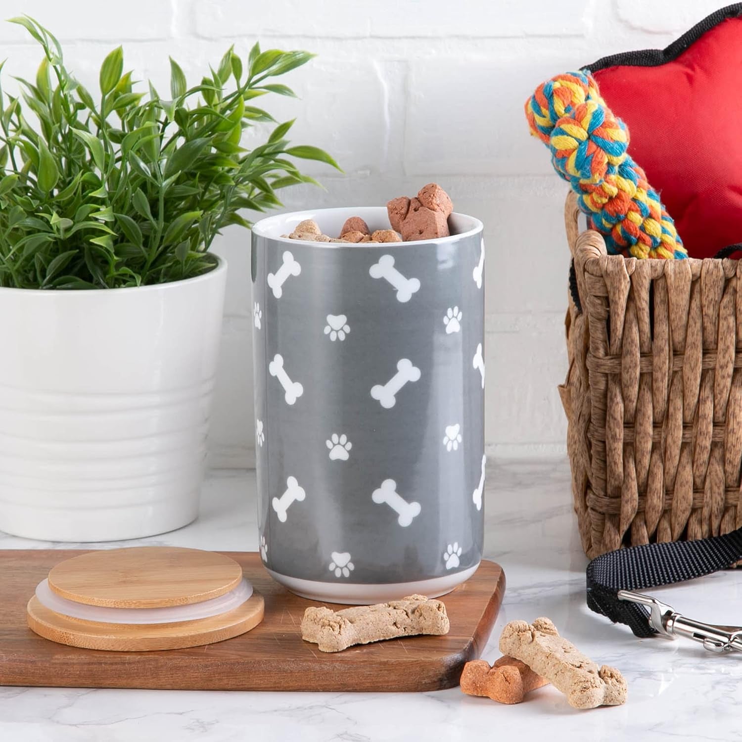 Ceramic Canister with Bamboo Lid, Paw & Bone Collection, Treat Jar, 4X6.5", Gray
