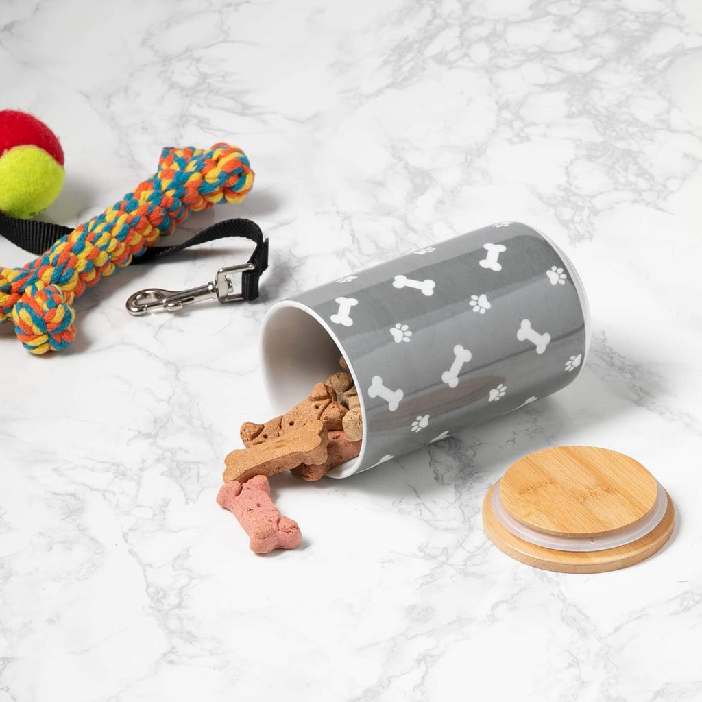 Ceramic Canister with Bamboo Lid, Paw & Bone Collection, Treat Jar, 4X6.5", Gray