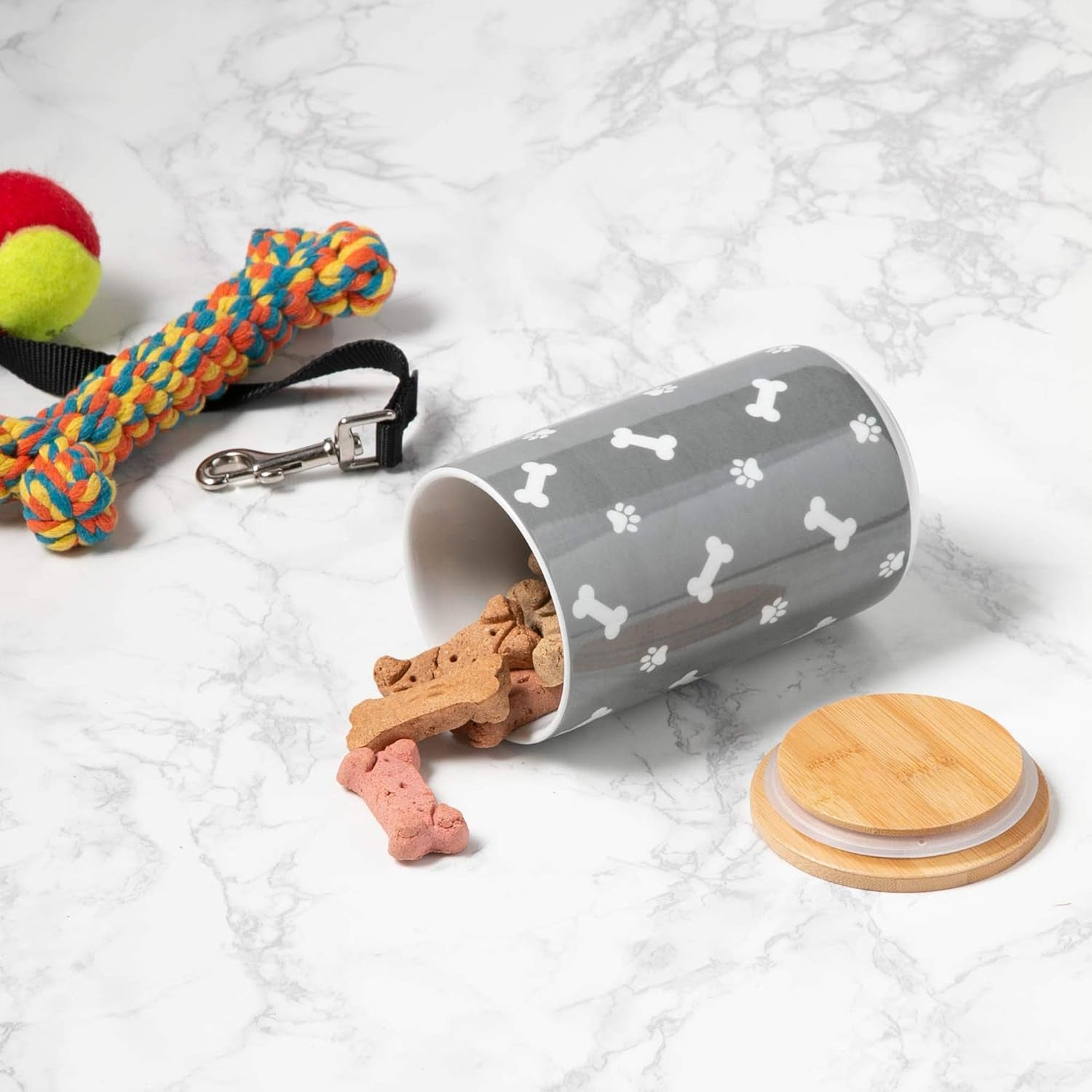Ceramic Canister with Bamboo Lid, Paw & Bone Collection, Treat Jar, 4X6.5", Gray