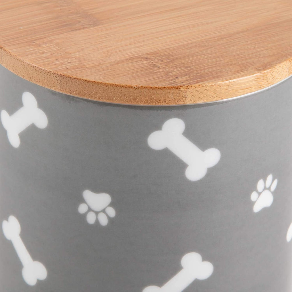 Ceramic Canister with Bamboo Lid, Paw & Bone Collection, Treat Jar, 4X6.5", Gray