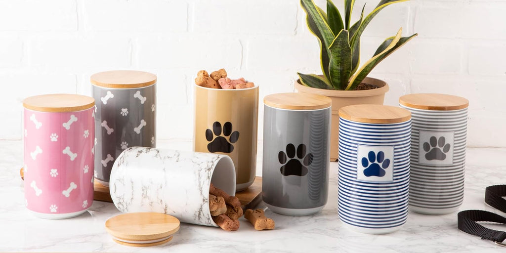Ceramic Canister with Bamboo Lid, Paw & Bone Collection, Treat Jar, 4X6.5", Gray