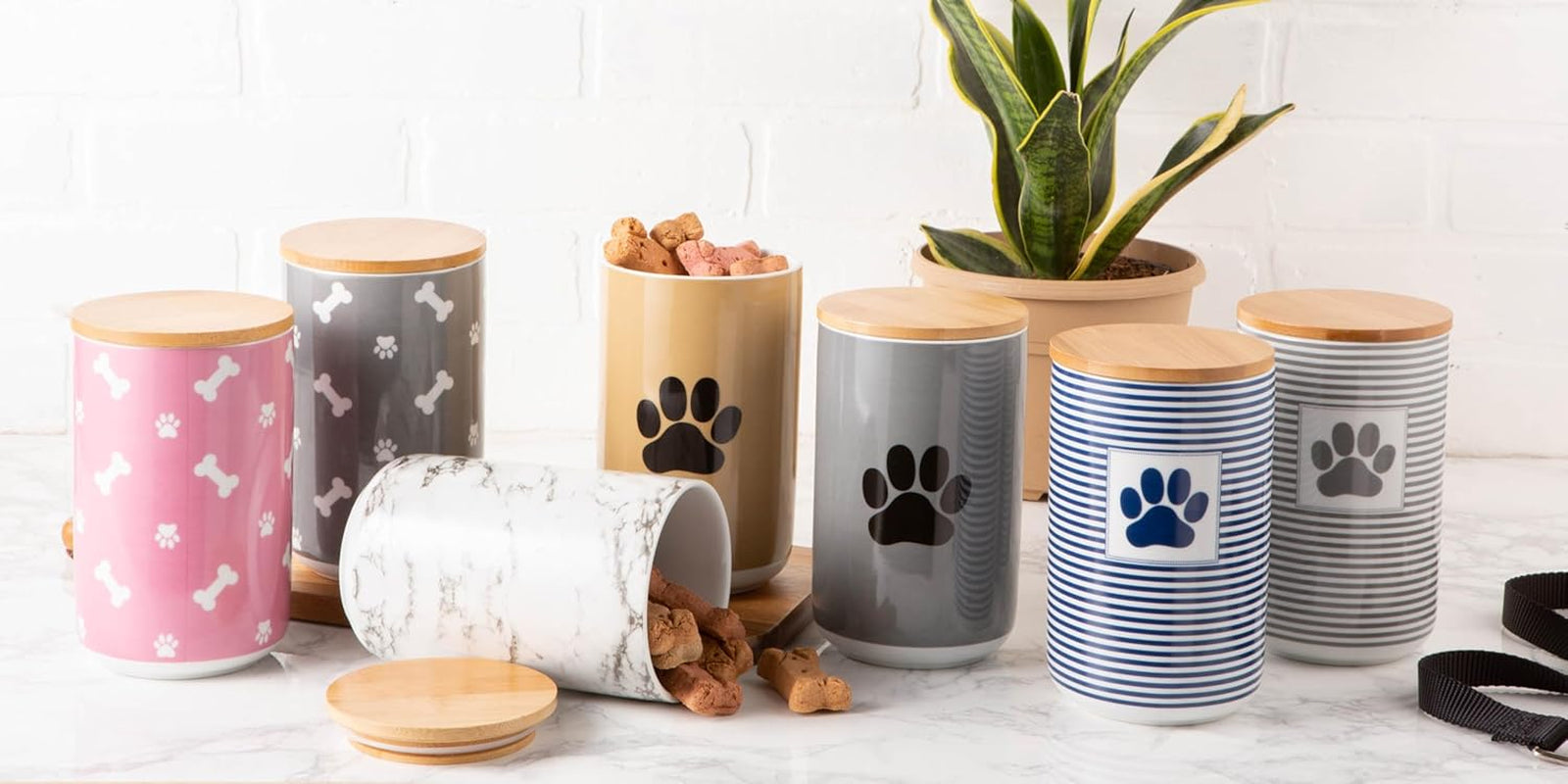 Ceramic Canister with Bamboo Lid, Paw & Bone Collection, Treat Jar, 4X6.5", Gray